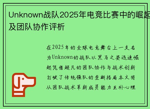 Unknown战队2025年电竞比赛中的崛起及团队协作评析