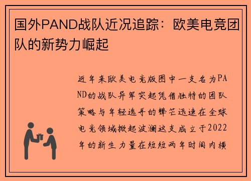 国外PAND战队近况追踪：欧美电竞团队的新势力崛起