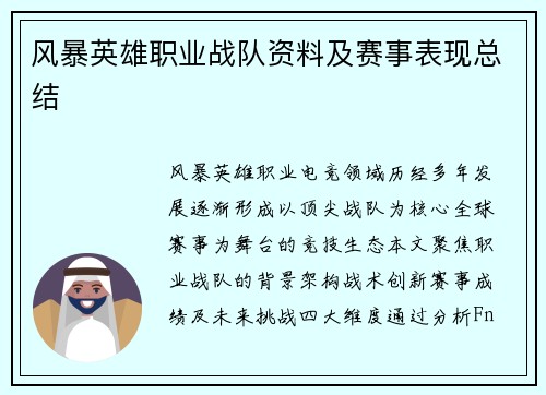 风暴英雄职业战队资料及赛事表现总结